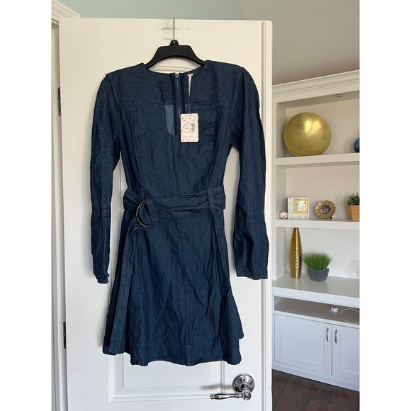 Free People Womens Karmen Cotton Denim Dress Deep Sea Wash Size Small S - Picture 5 of 9